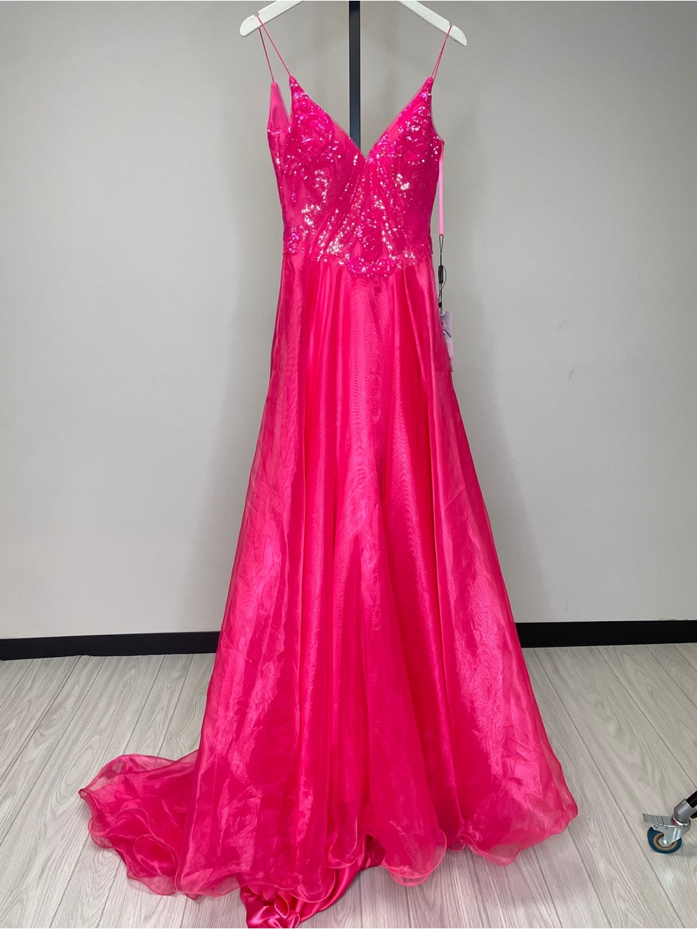 Hot Pink Sequin Bodice Spaghetti Strap Prom Dress